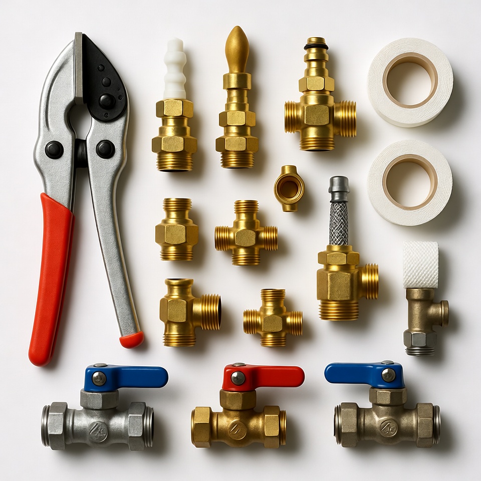 Bathroom toolkit flat lay, pipe cutter, compression fittings, PTFE tape, isolation valves on white background