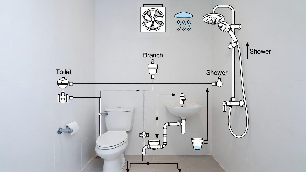 Compact bathroom layout diagram, pipe runs, traps, isolation valves, ventilation fan, clean annotated schematic